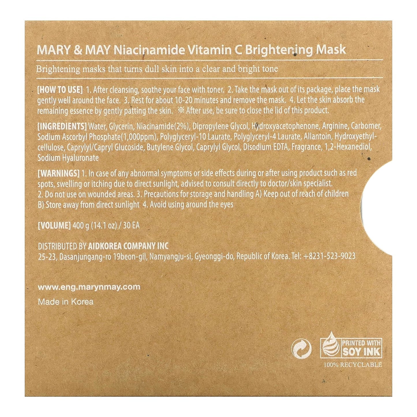 Mary&May - Mascarilla con Niacinamida C (30pc) - Skin Shine